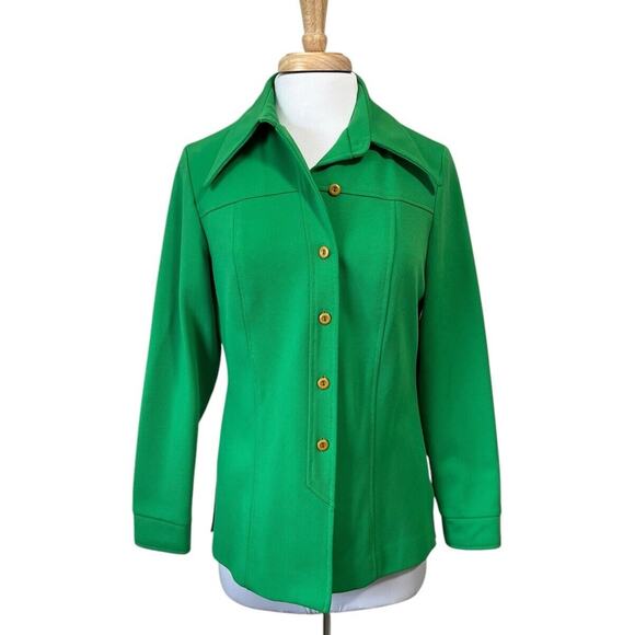 Vintage 60s 70s Alex Colman Bright Green Button Down Long Sleeve Polyester Shirt - Picture 1 of 7